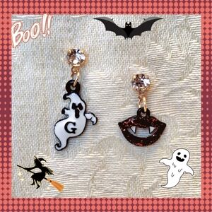 Scary ghost & sparkling blood red lips stud earrings, rhinestones & enamel